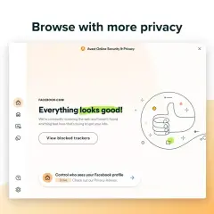 Avast VPN chroni Twoją prywatność online. Okno przeglądarki pokazuje komunikat "Everything looks good!" na Facebooku, z informacją o zablokowanych trackerach.
