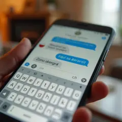Jak ustawić polskie znaki w SMS? Na ekranie telefonu widać klawiaturę i okno wiadomości.