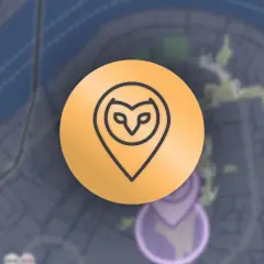 Pomarańczowy pin z sową, symbol aplikacji Randonautica, na tle mapy.