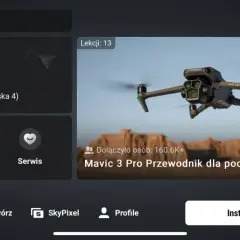 Interfejs aplikacji DJI z dronem Mavic 3 Pro w tle. Widoczna opcja "Akademia" i przewodnik dla początkujących.