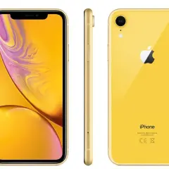 Żółty iPhone xr z przodu, z boku i z tyłu.