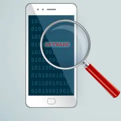 Szukaj ukrytego SPYWARE na telefonie. Kod binarny i lupa wskazują na zagrożenie.