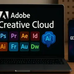 Laptop z logo Adobe Creative Cloud i ikonami aplikacji, obok smartfon z napisem "GENERATIVE AI".