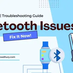 Grafika z napisem "Bluetooth Issues", słuchawkami, smartwatchem i adapterem USB.