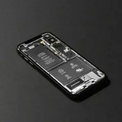 Rozłożony iPhone z widoczną baterią. Zastanawiasz się, ile trwa wymiana baterii w iPhone? To zależy od serwisu.