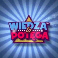 Logo "Wiedza to potęga" w aplikacji, błyszczące litery na tle promieni.