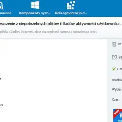 Interfejs programu WiseCleaner do czyszczenia komputera. Widoczne opcje: czyszczenie, zaawansowane, komponenty systemu, defragmentacja. Program oferuje łatwe i szybkie czyszczenie zbędnych plików i śladów aktywności użytkownika.