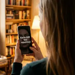 Kobieta trzyma w dłoniach smartfon, który wygląda jak burner phone. Na ekranie widnieje napis "Karta SIM bez rejestracji".