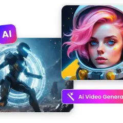Generator filmów AI darmowy: zobacz futurystycznego wojownika i astronautkę z różowymi włosami.