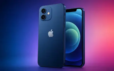 Dwa niebieskie iPhone'y 12 na tle gradientu od niebieskiego do różowego. Premiera iPhone 12.
