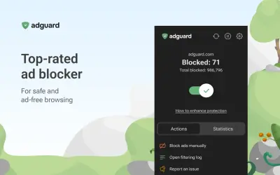 AdGuard: najlepszy bloker reklam, chroniący przed natrętnymi banerami. Zablokowano 71 reklam, łącznie 986 796. Bezpieczne i wolne od reklam przeglądanie.