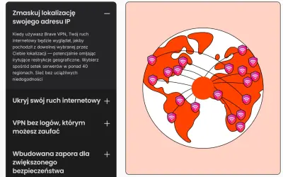Brave VPN maskuje Twój IP, łącząc Cię z serwerami na całym świecie. Sieć z tarczami symbolizuje bezpieczeństwo.