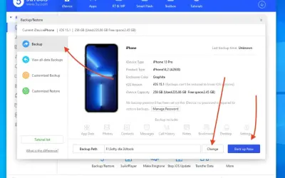 Ekran programu 3uTools pokazuje opcję backup iPhone. Widoczny jest iPhone 13 Pro i przycisk "Back up Now".