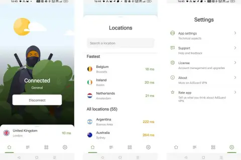 Ekran główny AdGuard VPN pokazuje połączenie z Londynem. Dostępne są lokalizacje takie jak Belgia, Irlandia, Holandia, Argentyna i Australia.