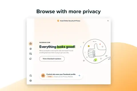Avast VPN chroni Twoją prywatność online. Okno przeglądarki pokazuje komunikat "Everything looks good!" na Facebooku, z informacją o zablokowanych trackerach.