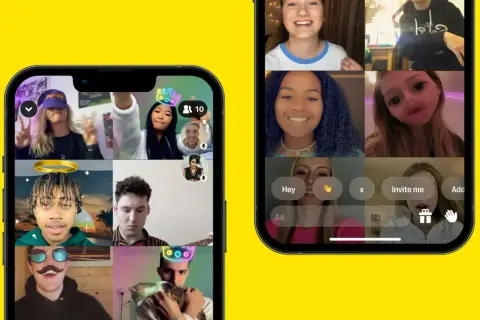 Na ekranach telefonów widać rozmowy wideo na Yubo. Użytkownicy używają filtrów, wysyłają emotki i zapraszają znajomych.