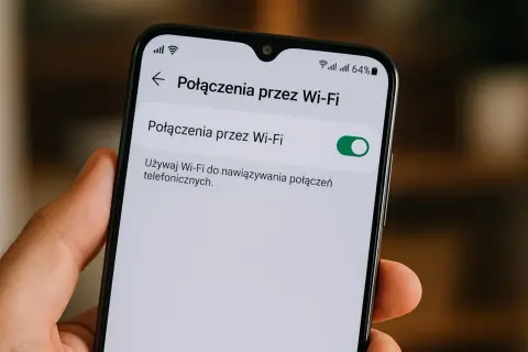 Ustawienia telefonu: włączone Połączenia przez Wi-Fi, czyli wifi calling plus. Używaj Wi-Fi do rozmów.