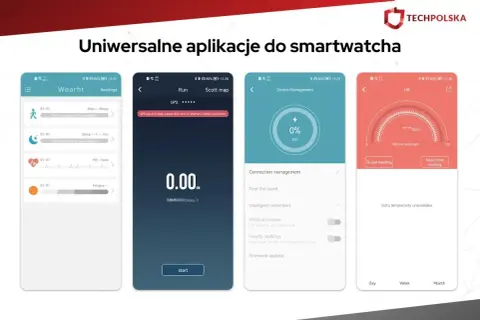 Aplikacja do zegarka z funkcjami monitorowania kroków, snu, tętna i zmęczenia. Widoczne też opcje biegania, zarządzania urządzeniem i odczytu tętna.