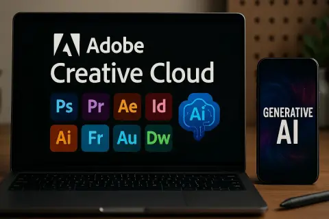 Laptop z logo Adobe Creative Cloud i ikonami aplikacji, obok smartfon z napisem "GENERATIVE AI".