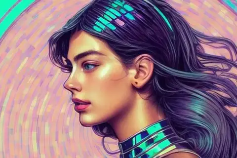 Portret kobiety z niebieskimi oczami i fioletowymi włosami, ozdobionymi neonowymi pasemkami. Jej szyję otacza futurystyczny kołnierz. Całość wygląda jak obraz widziany przez kolorową **lensa**.