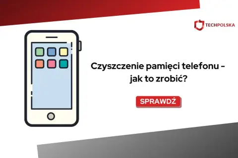 Ilustracja telefonu z ikonami aplikacji. Tekst: "Czyszczenie pamięci telefonu – jak to zrobić?". Przycisk "Sprawdź". Dowiedz się, jak wykonać automatyczne czyszczenie telefonu.