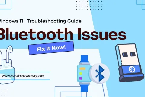 Grafika z napisem "Bluetooth Issues", słuchawkami, smartwatchem i adapterem USB.