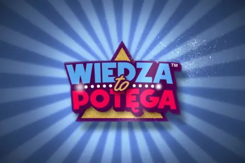 Logo "Wiedza to potęga" w aplikacji, błyszczące litery na tle promieni.