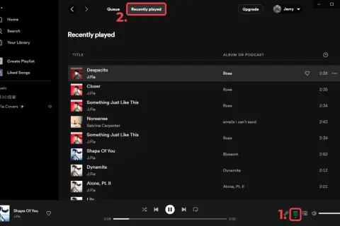 Historia odtwarzania Spotify: lista utworów "Despacito", "Closer", "Something Just Like This" i innych.