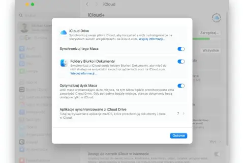 Ustawienia iCloud na Macu: synchronizacja iCloud Drive, folderów Biurko i Dokumenty, optymalizacja dysku Maca.