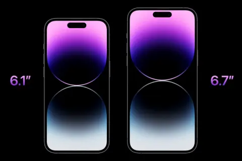 Dwa iPhone'y 14 Pro: mniejszy 6.1 cala i większy 6.7 cala. Porównanie iPhone 14 Pro wymiary.