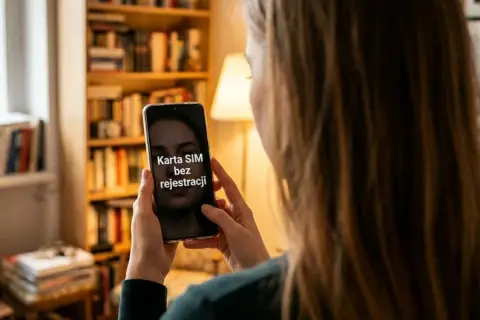 Kobieta trzyma w dłoniach smartfon, który wygląda jak burner phone. Na ekranie widnieje napis "Karta SIM bez rejestracji".