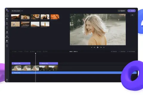 Interfejs aplikacji do montowania filmów z podglądem wideo i ścieżkami wideo oraz muzyki.