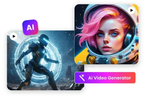 Generator filmów AI darmowy: zobacz futurystycznego wojownika i astronautkę z różowymi włosami.