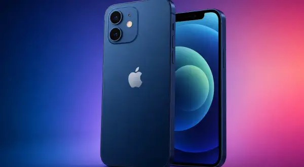 Dwa niebieskie iPhone'y 12 na tle gradientu od niebieskiego do różowego. Premiera iPhone 12.