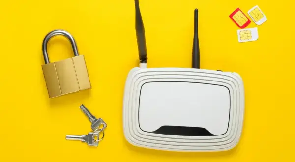 Zapewnij bezpieczeństwo swojego **internetu domowego**! Na żółtym tle leżą: biały router Wi-Fi, złota kłódka z kluczami oraz trzy karty SIM.