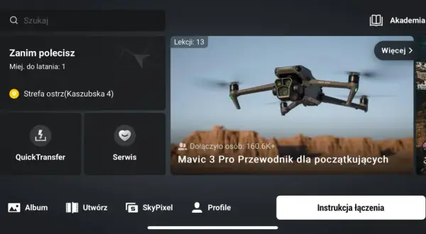 Interfejs aplikacji DJI z dronem Mavic 3 Pro w tle. Widoczna opcja "Akademia" i przewodnik dla początkujących.