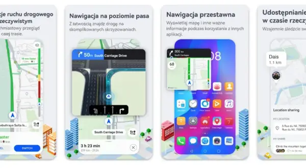 Darmowa nawigacja samochodowa z aktualizacjami ruchu, wskazówkami pasa ruchu i udostępnianiem lokalizacji.