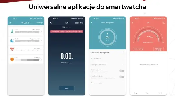 Aplikacja do zegarka z funkcjami monitorowania kroków, snu, tętna i zmęczenia. Widoczne też opcje biegania, zarządzania urządzeniem i odczytu tętna.