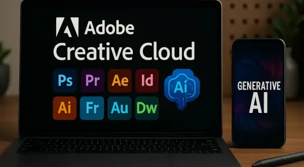 Laptop z logo Adobe Creative Cloud i ikonami aplikacji, obok smartfon z napisem "GENERATIVE AI".