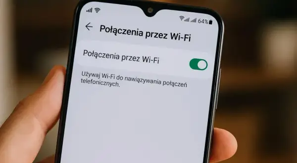 Ustawienia telefonu: włączone połączenia przez Wi-Fi. Używaj Wi-Fi do rozmów, gdy zasięg sieci komórkowej jest słaby.