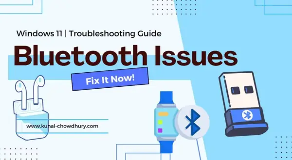 Grafika z napisem "Bluetooth Issues", słuchawkami, smartwatchem i adapterem USB.