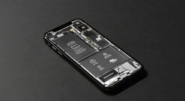 Rozłożony iPhone z widoczną baterią. Zastanawiasz się, ile trwa wymiana baterii w iPhone? To zależy od serwisu.