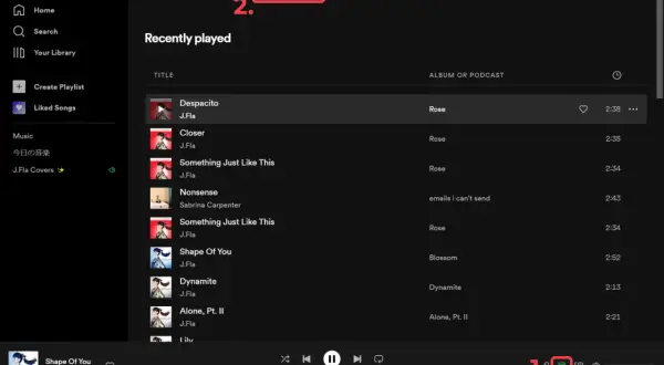 Historia odtwarzania Spotify: lista utworów "Despacito", "Closer", "Something Just Like This" i innych.