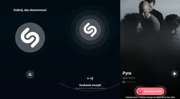Aplikacja Shazam szuka odpowiedzi na pytanie: jaka to piosenka? Widoczny jest utwór "Pyre" Agent Fresco.