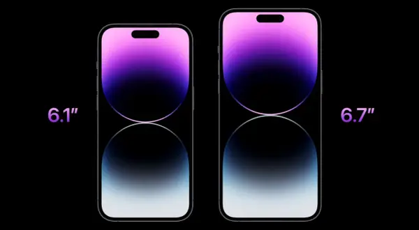 Dwa iPhone'y 14 Pro: mniejszy 6.1 cala i większy 6.7 cala. Porównanie iPhone 14 Pro wymiary.