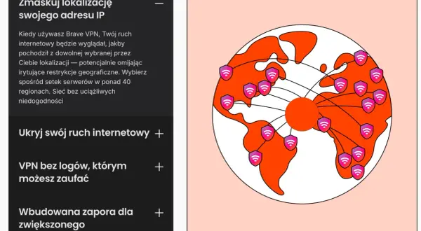 Brave VPN maskuje Twój IP, łącząc Cię z serwerami na całym świecie. Sieć z tarczami symbolizuje bezpieczeństwo.