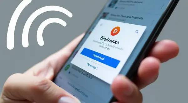 Dłoń trzyma smartfon, na ekranie którego wyświetla się okno pobierania aplikacji Biedronki.