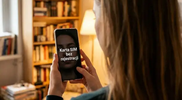 Kobieta trzyma w dłoniach smartfon, który wygląda jak burner phone. Na ekranie widnieje napis "Karta SIM bez rejestracji".