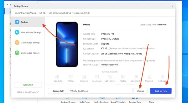 Ekran programu 3uTools pokazuje opcję backup iPhone. Widoczny jest iPhone 13 Pro i przycisk "Back up Now".