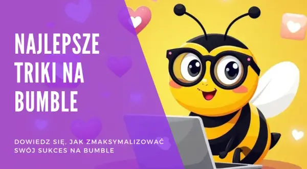 Urocza pszczółka w okularach korzysta z laptopa, by poznać najlepsze triki na bumble. Dowiedz się, jak zmaksymalizować swój sukces na bumble!